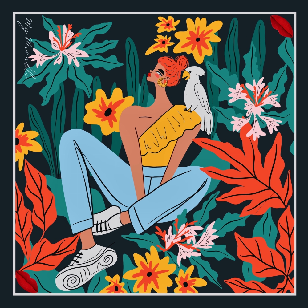 Jedwabna apaszka chusta dwustronna My Minelli ICON no.6 MY FRIENT THE PARROT silk scarf