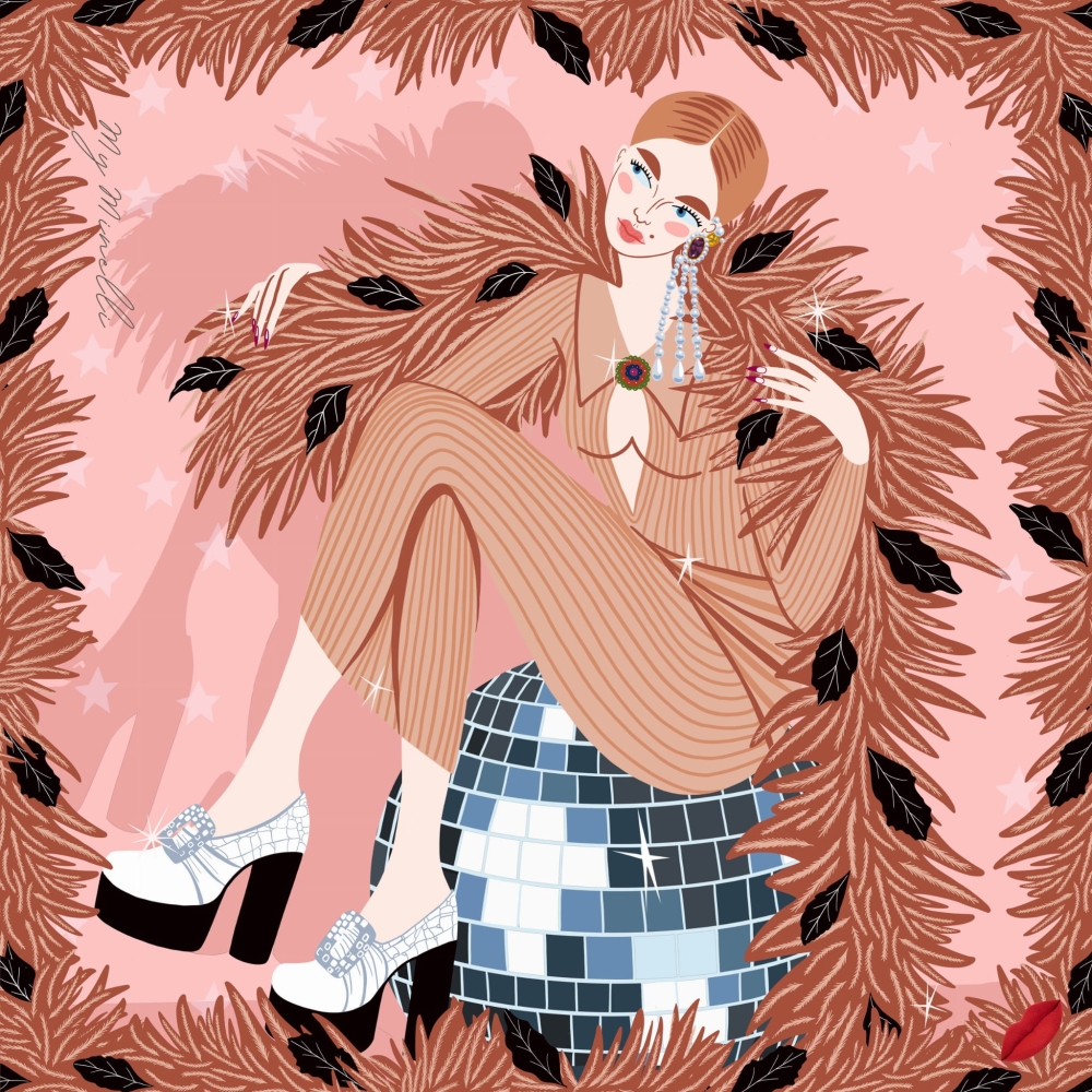 Jedwabna chusta apaszka dwustronna My Minelli ICON no.10 IN THE CLUB silk scarf