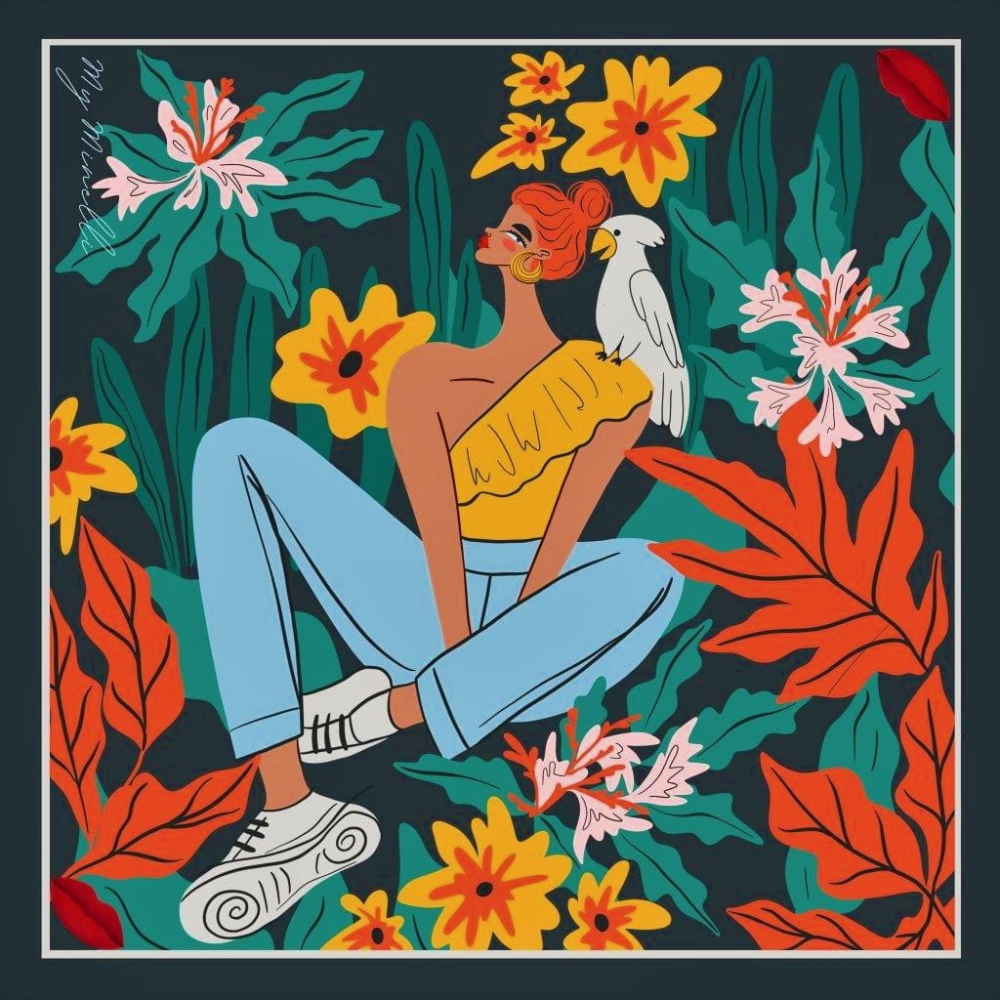 Jedwabna chusta apaszka dwustronna My Minelli no.6 MY FRIEND THE PARROT silk scarf