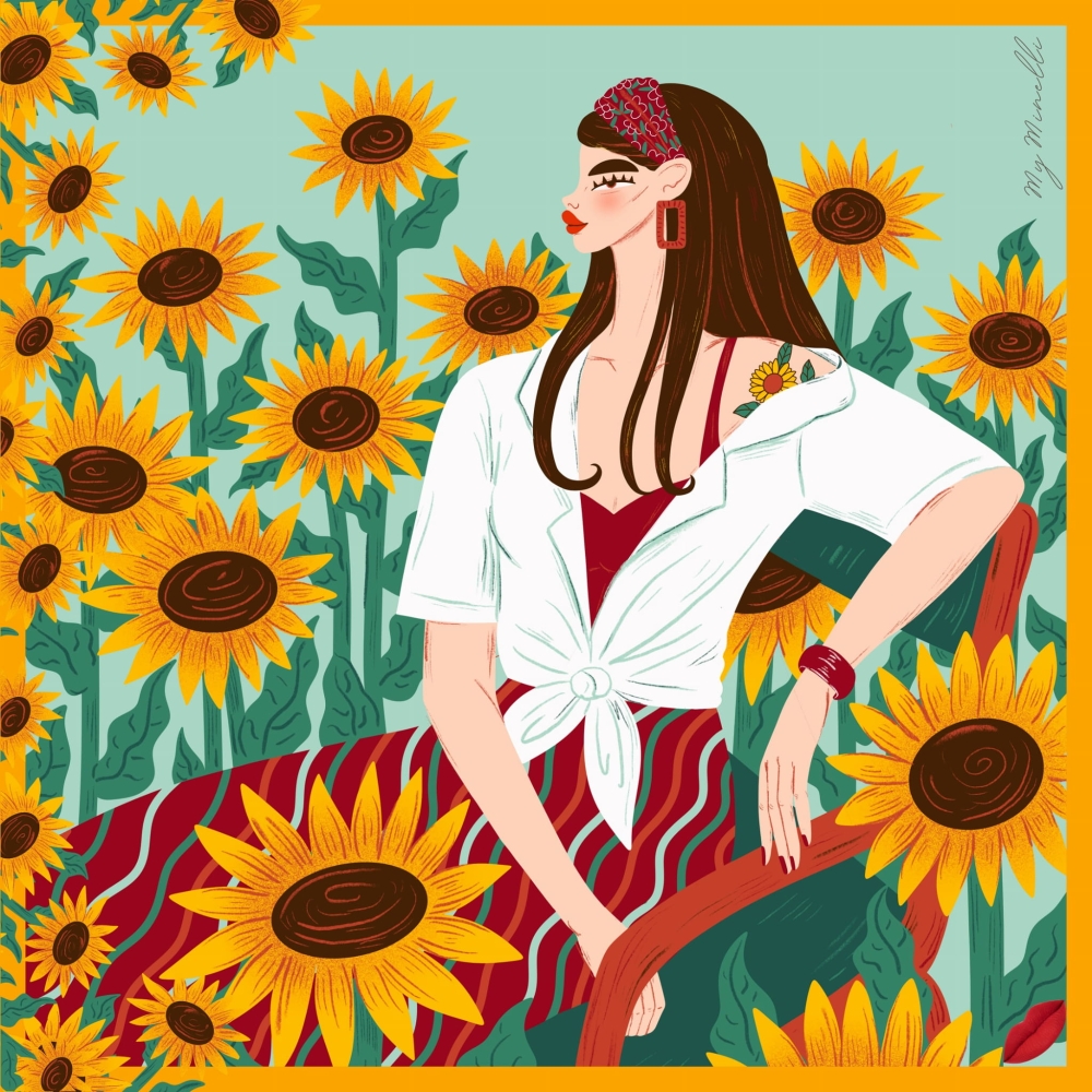 Jedwabna chusta apaszka dwustronna My Minelli ICON no.8 sunflowers tatoo