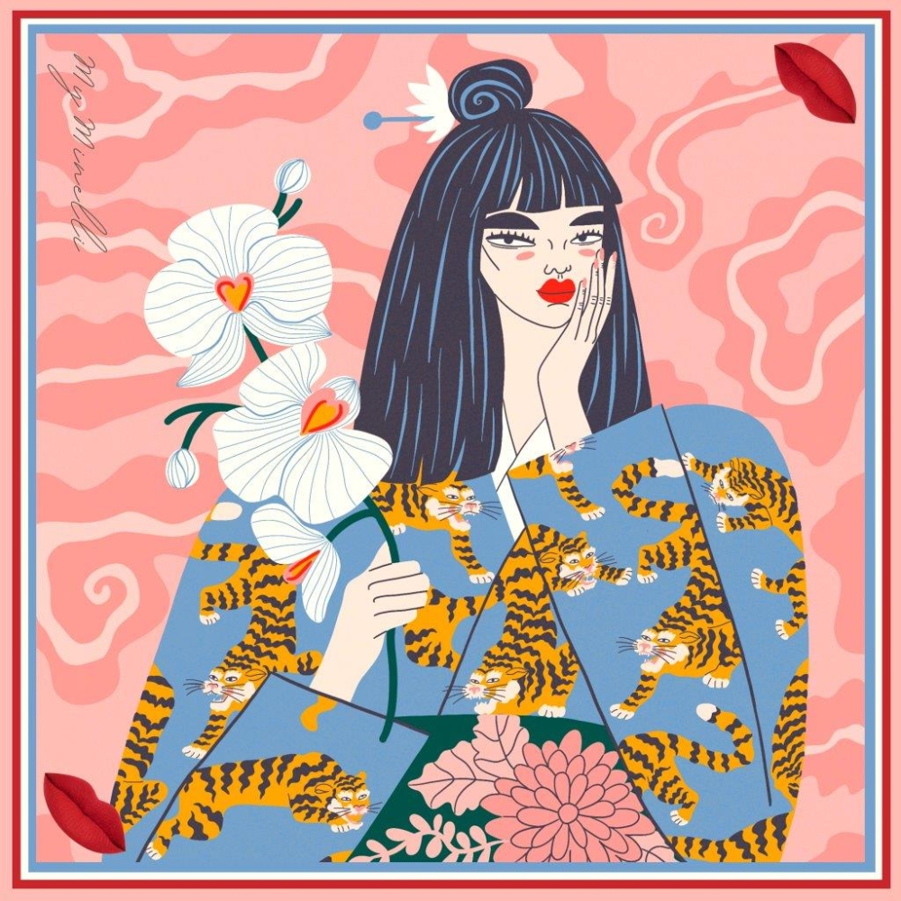 Jedwabna apaszka chusta MY Minelli Lady With Tigers Icon no.4 silk scarf